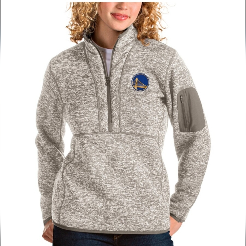 ANTIGUA Golden State Warriors NBA Heathered Grey Quarter-Zip Pullover Jacket NWT